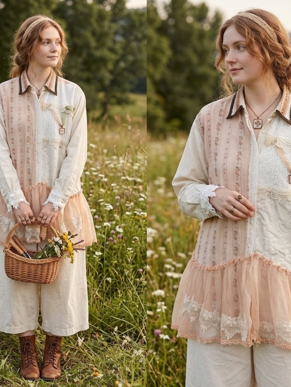 Vintage Taylor Cream and Peach Layered Lace Button-Down Top - Picture 2 of 16